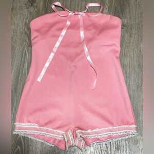 Finesse Pink Satin Lace-Trim Romper